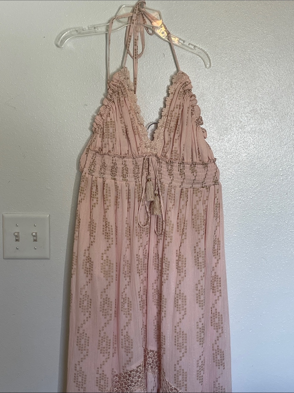 Ananta Dusty Pink Halter Maxi Dress with Crochet Tassel Detail
